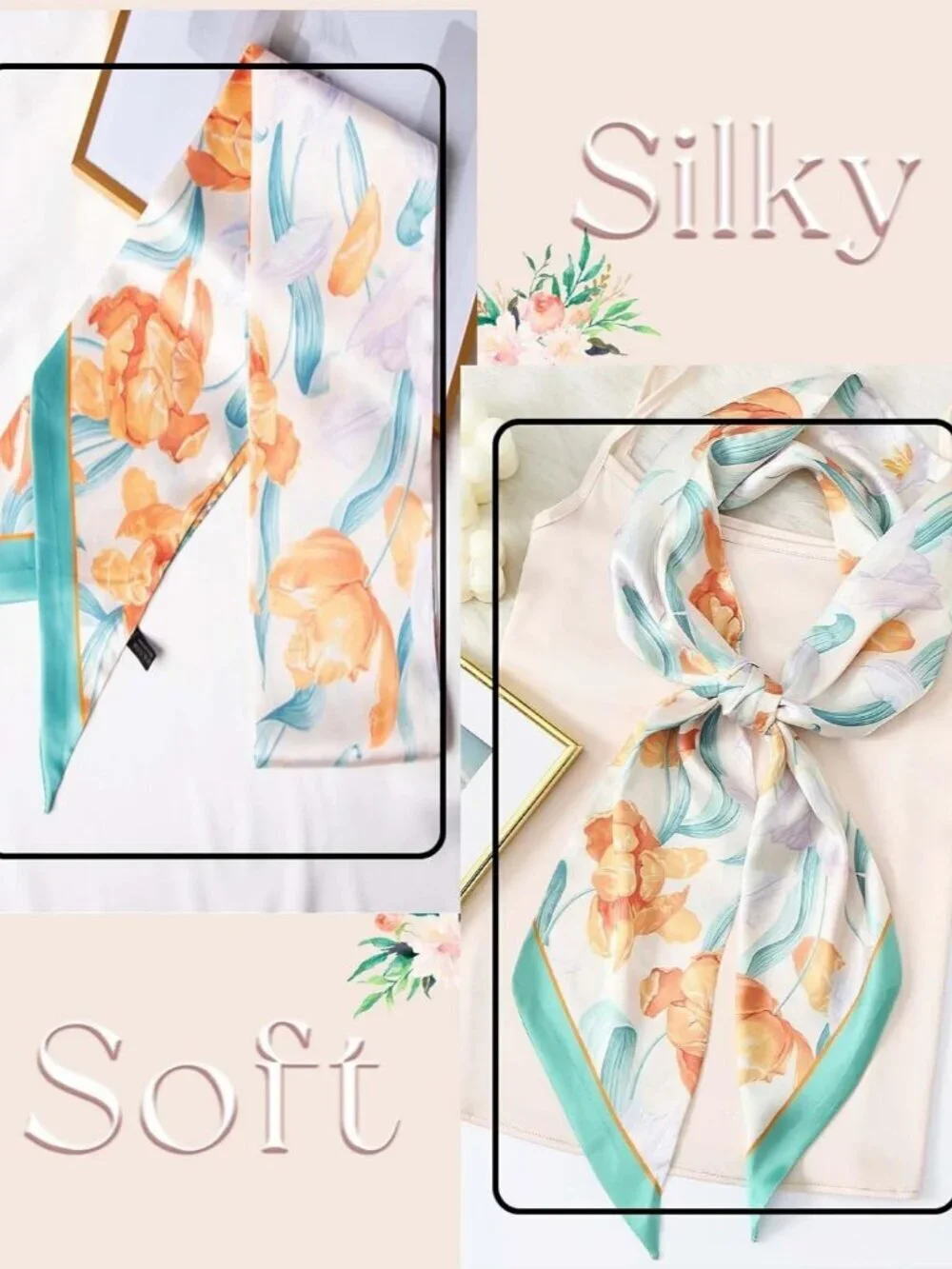 Women's Green Leaves Festoon Border Elegant Oblique Angle Scarves Bag Scarfs